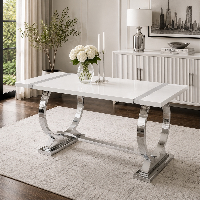 Hols Dining Table- Silver Banding on White Top- O-Shaped Steel Legs 60 Inch