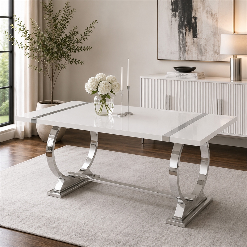 Hols Dining Table- Silver Banding on White Top- O-Shaped Steel Legs 60 Inch