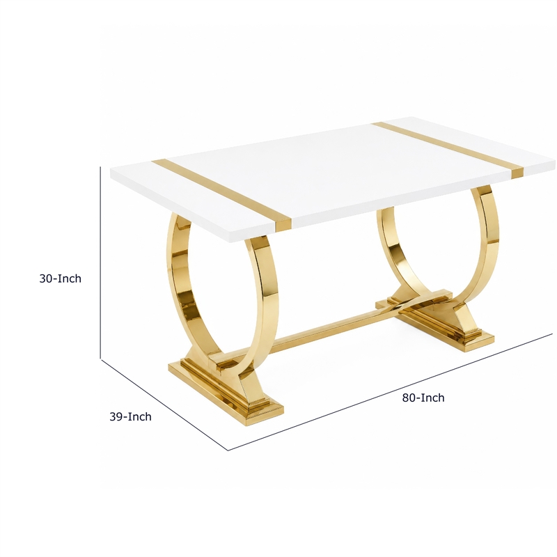 Hols Dining Table- Gold Banding on White Top- O-Shaped Steel Legs 80 Inch