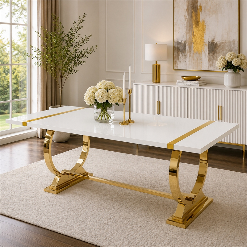Hols Dining Table- Gold Banding on White Top- O-Shaped Steel Legs 80 Inch