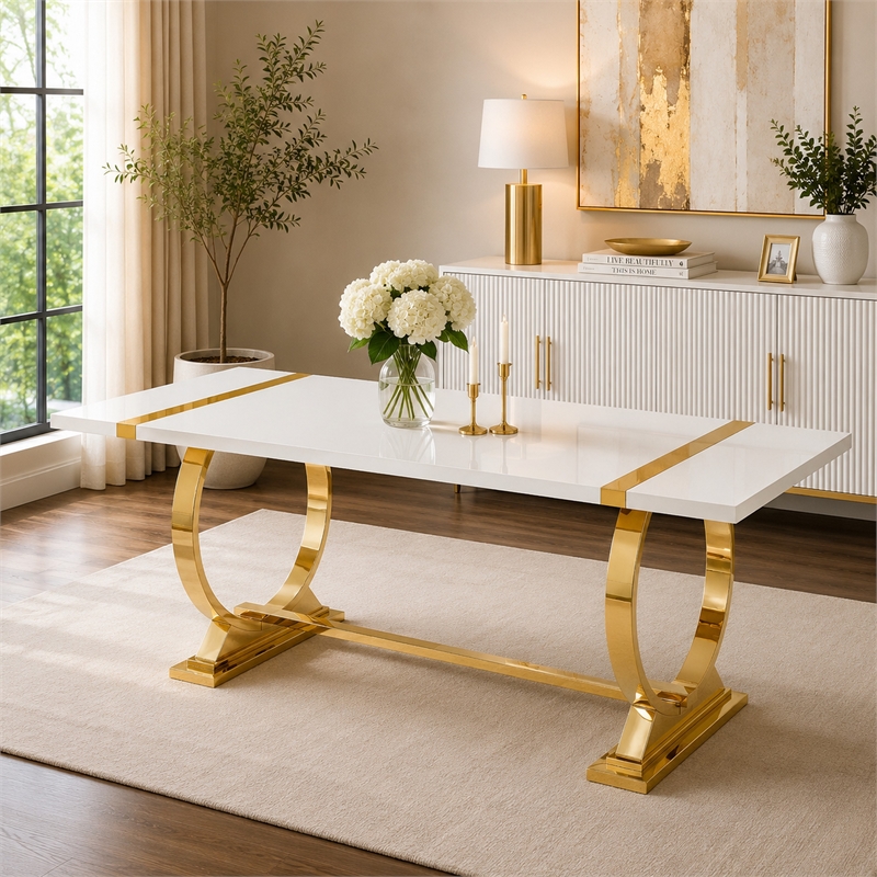 Hols Dining Table- Gold Banding on White Top- O-Shaped Steel Legs 80 Inch