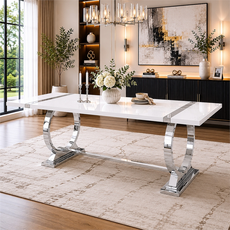 Hols Dining Table- Silver Banding on White Top- O-Shaped Steel Legs 80 Inch