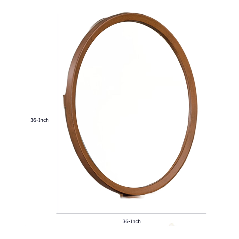 Urne Dresser Mirror- Framed Design- Walnut Brown Wood- 36 Inch Round