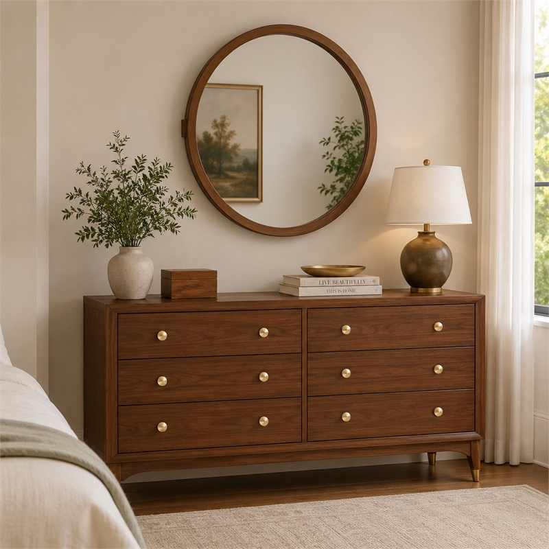 Urne Dresser Mirror- Framed Design- Walnut Brown Wood- 36 Inch Round