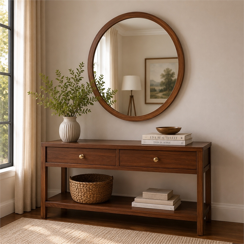 Urne Dresser Mirror- Framed Design- Walnut Brown Wood- 36 Inch Round