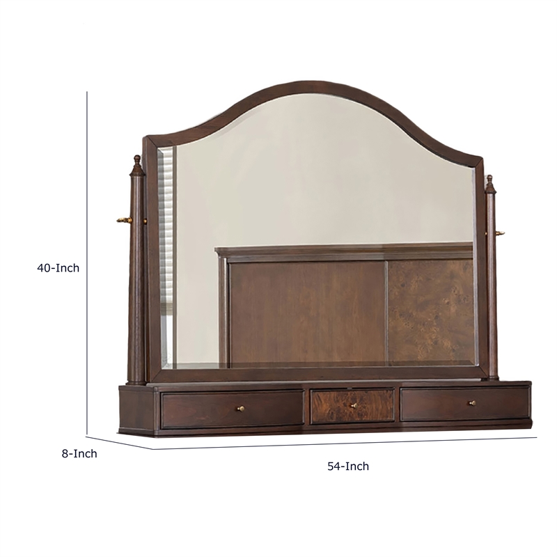 Raam Arched Dresser Mirror- 3 Drawers- Tiltable- 40x54 Dark Cherry Brown
