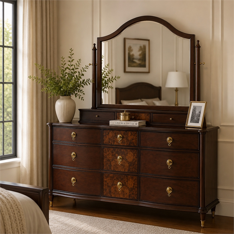 Raam Arched Dresser Mirror- 3 Drawers- Tiltable- 40x54 Dark Cherry Brown