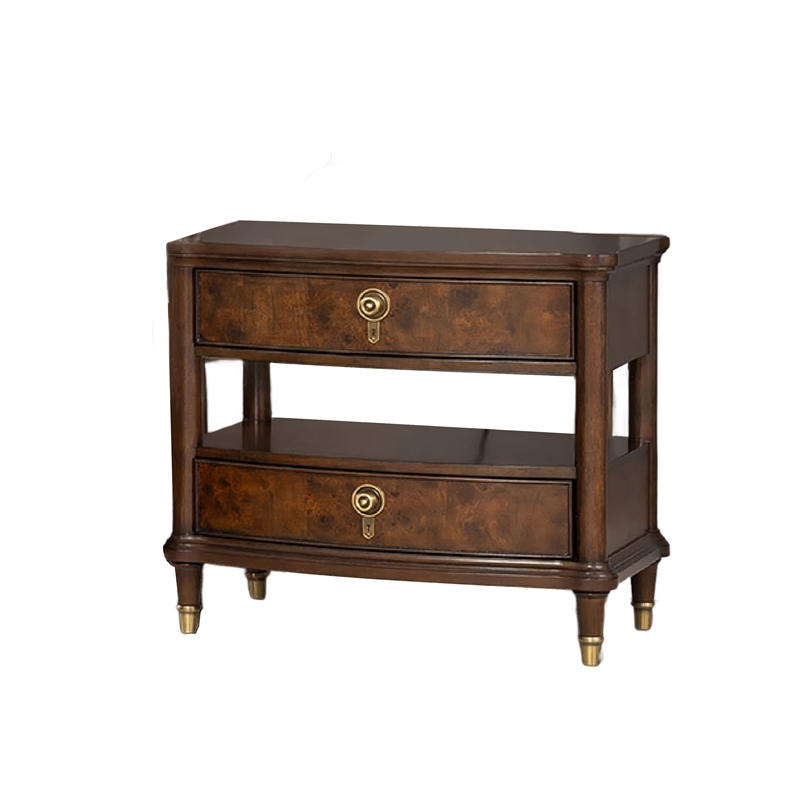 Raam Nightstand- 2 Drawers- 1 Shelf- Gold Capped Legs- Dark Cherry Brown