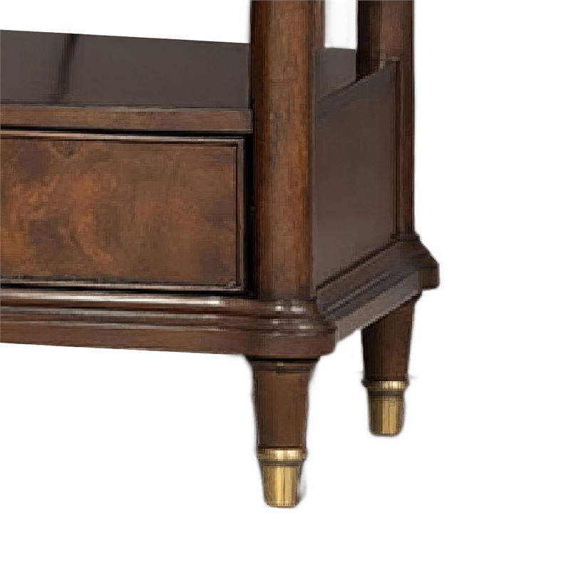 Raam Nightstand- 2 Drawers- 1 Shelf- Gold Capped Legs- Dark Cherry Brown