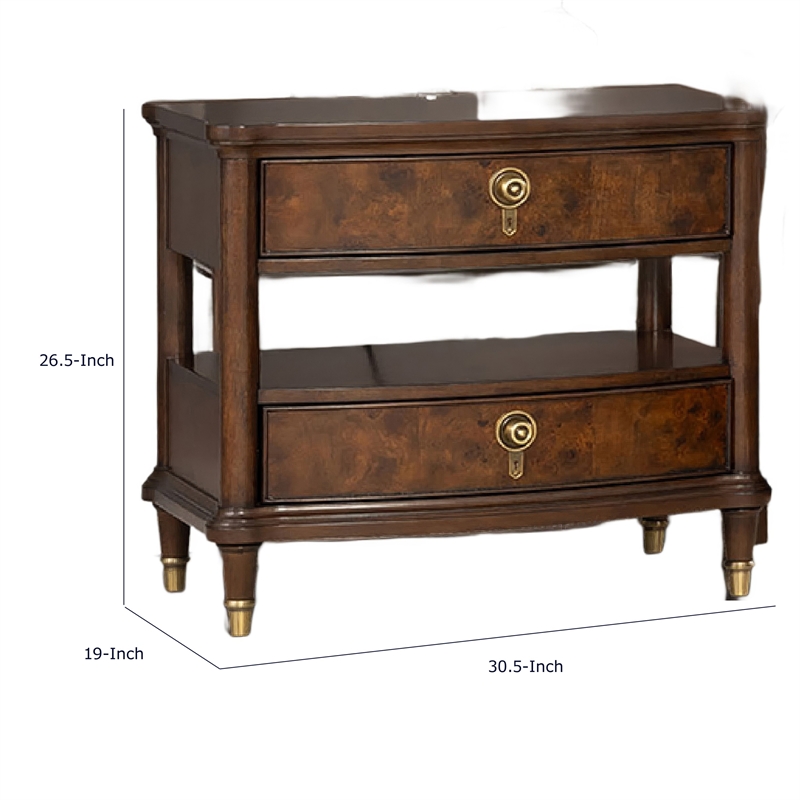 Raam Nightstand- 2 Drawers- 1 Shelf- Gold Capped Legs- Dark Cherry Brown
