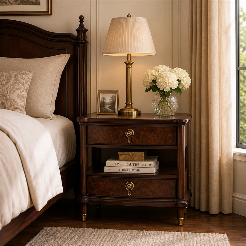 Raam Nightstand- 2 Drawers- 1 Shelf- Gold Capped Legs- Dark Cherry Brown