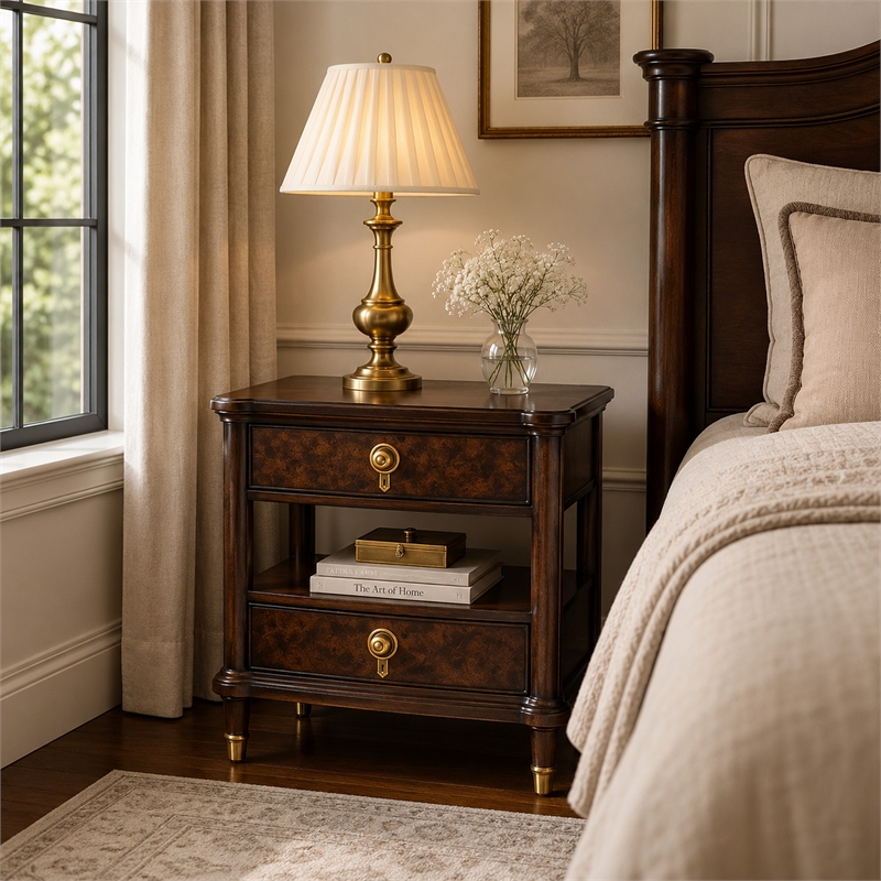 Raam Nightstand- 2 Drawers- 1 Shelf- Gold Capped Legs- Dark Cherry Brown