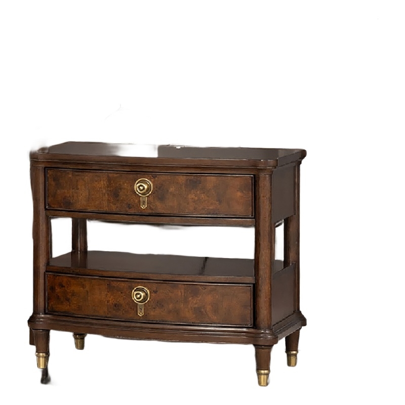 Raam Nightstand- 2 Drawers- 1 Shelf- Gold Capped Legs- Dark Cherry Brown