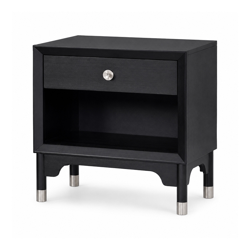 Tora Nightstand- 2 USB Ports- Drawer and Shelf- Silver Capped Legs- Black