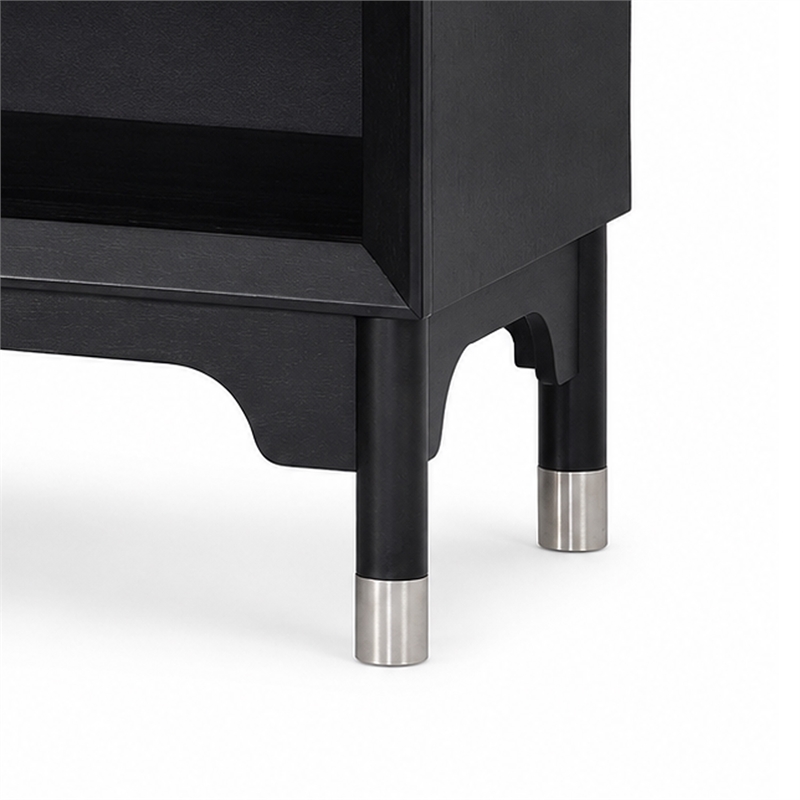 Tora Nightstand- 2 USB Ports- Drawer and Shelf- Silver Capped Legs- Black