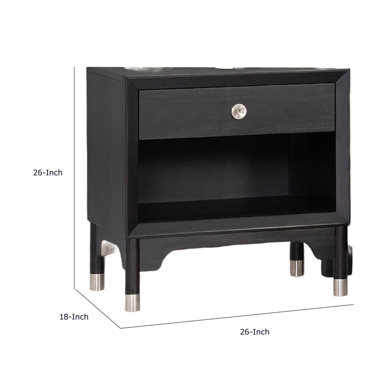 Tora Nightstand- 2 USB Ports- Drawer and Shelf- Silver Capped Legs- Black