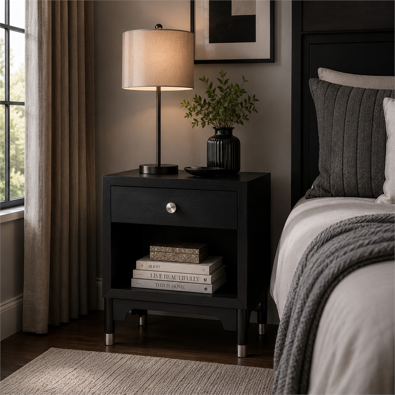 Tora Nightstand- 2 USB Ports- Drawer and Shelf- Silver Capped Legs- Black