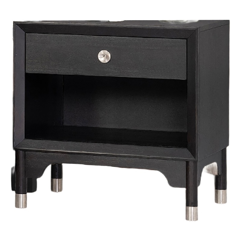 Tora Nightstand- 2 USB Ports- Drawer and Shelf- Silver Capped Legs- Black