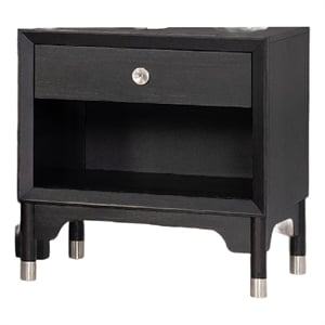 Tora Nightstand- 2 USB Ports- Drawer and Shelf- Silver Capped Legs- Black