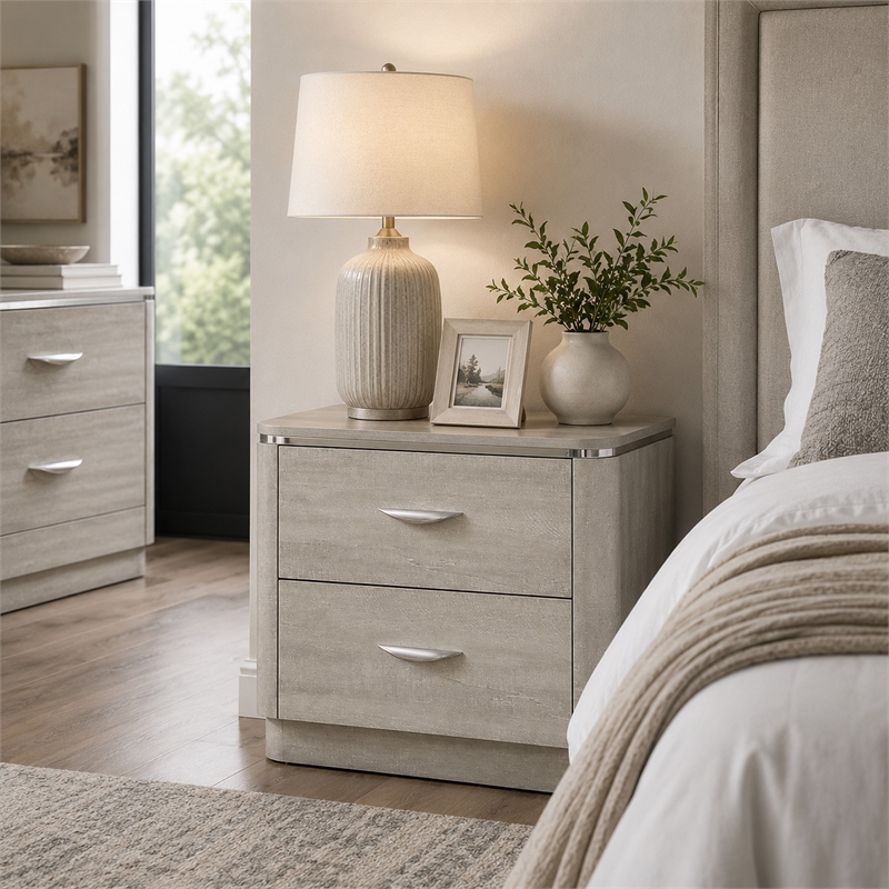 Fezi Nightstand- 2 Drawers- Silver Steel Finger Pulls- Dusty Gray