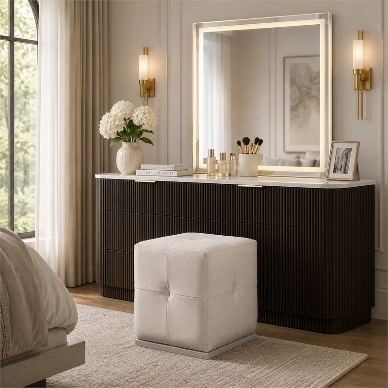 Keza Vanity Stool- White Tufted Seat- 19 Inch Cubic Membrane Press