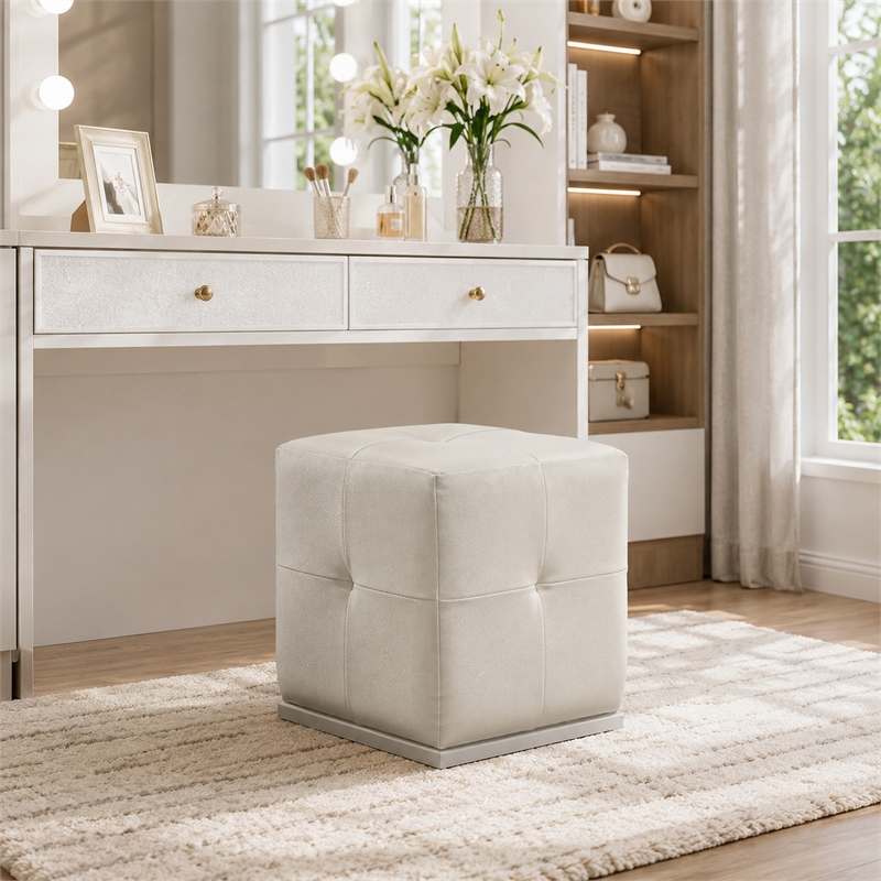 Keza Vanity Stool- White Tufted Seat- 19 Inch Cubic Membrane Press