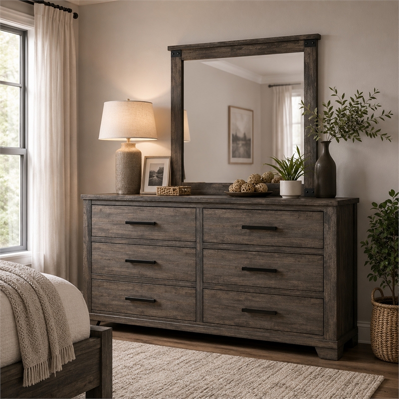 Bry Dresser Mirror- Crown Molded Top- 38x40 Rustic Gray Frame