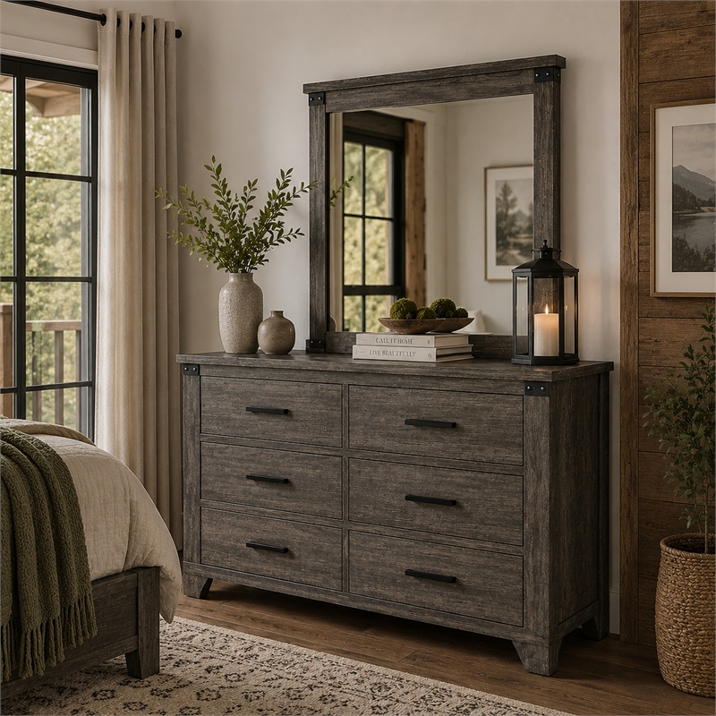 Bry Dresser Mirror- Crown Molded Top- 38x40 Rustic Gray Frame
