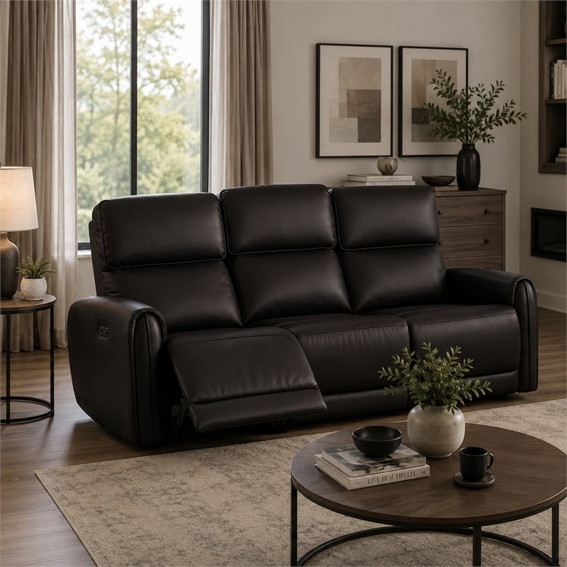 Sily Power Recliner Sofa w USB- Contour Arms- Foam Fill Black Faux Leather
