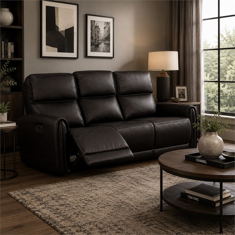 Sily Power Recliner Sofa w USB- Contour Arms- Foam Fill Black Faux Leather
