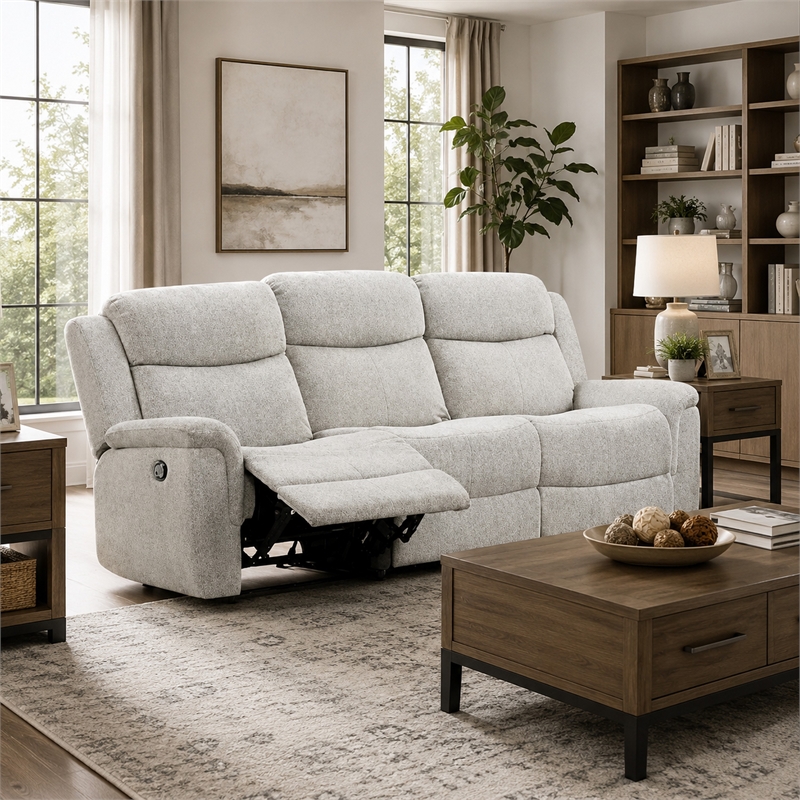 Becy Manual Recliner Sofa- Bustle-Back- Light Gray Cushions- 80 Inch