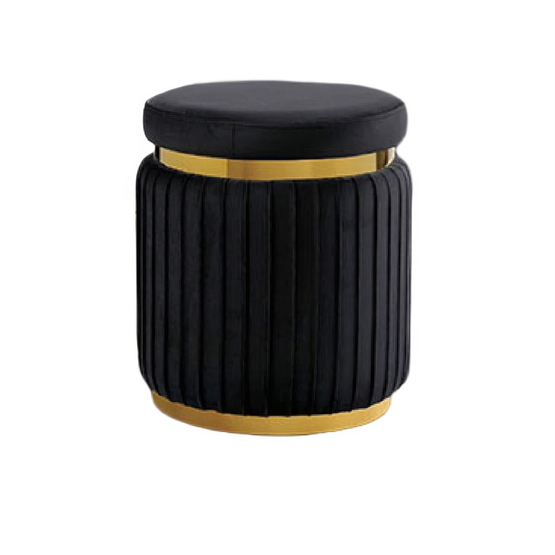 Karie Ottoman Stool- Gold Trim- Vertical Channel Design- Black Fabric