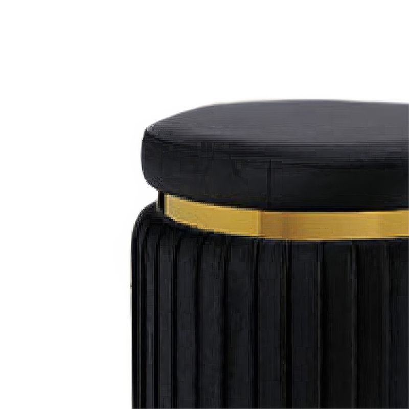 Karie Ottoman Stool- Gold Trim- Vertical Channel Design- Black Fabric