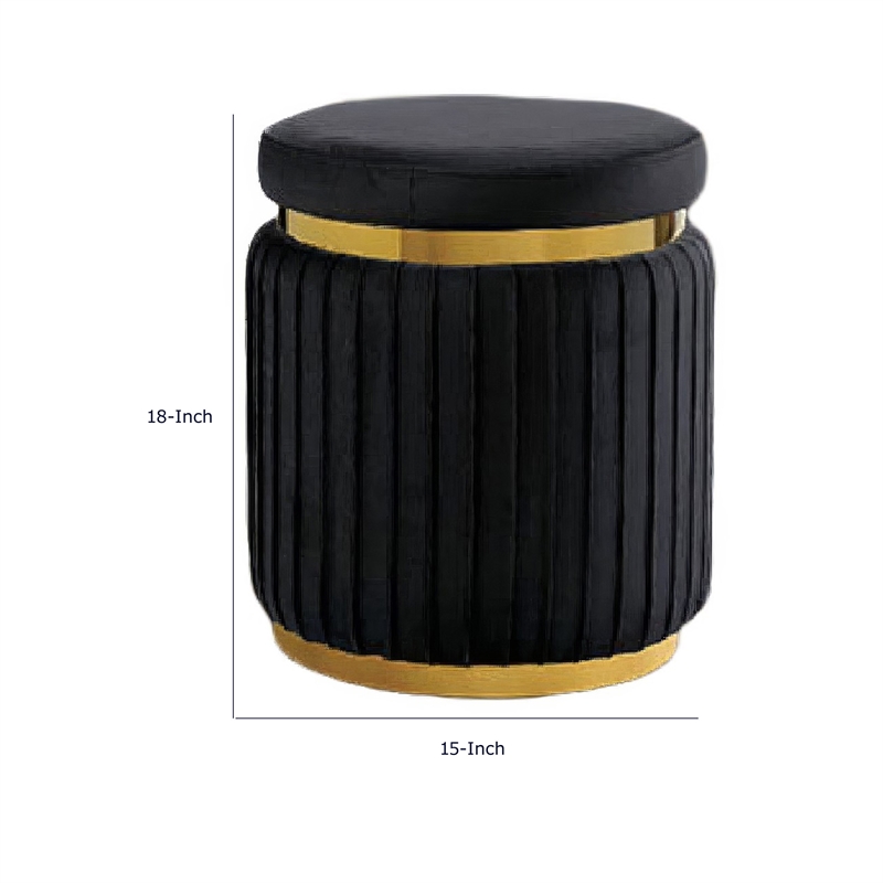 Karie Ottoman Stool- Gold Trim- Vertical Channel Design- Black Fabric
