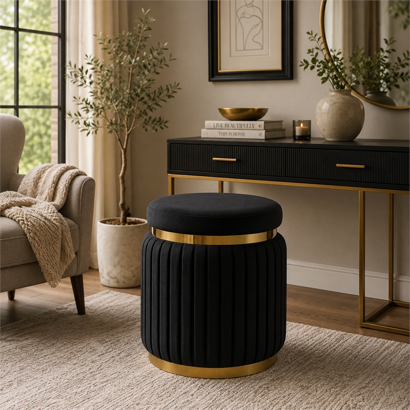 Karie Ottoman Stool- Gold Trim- Vertical Channel Design- Black Fabric