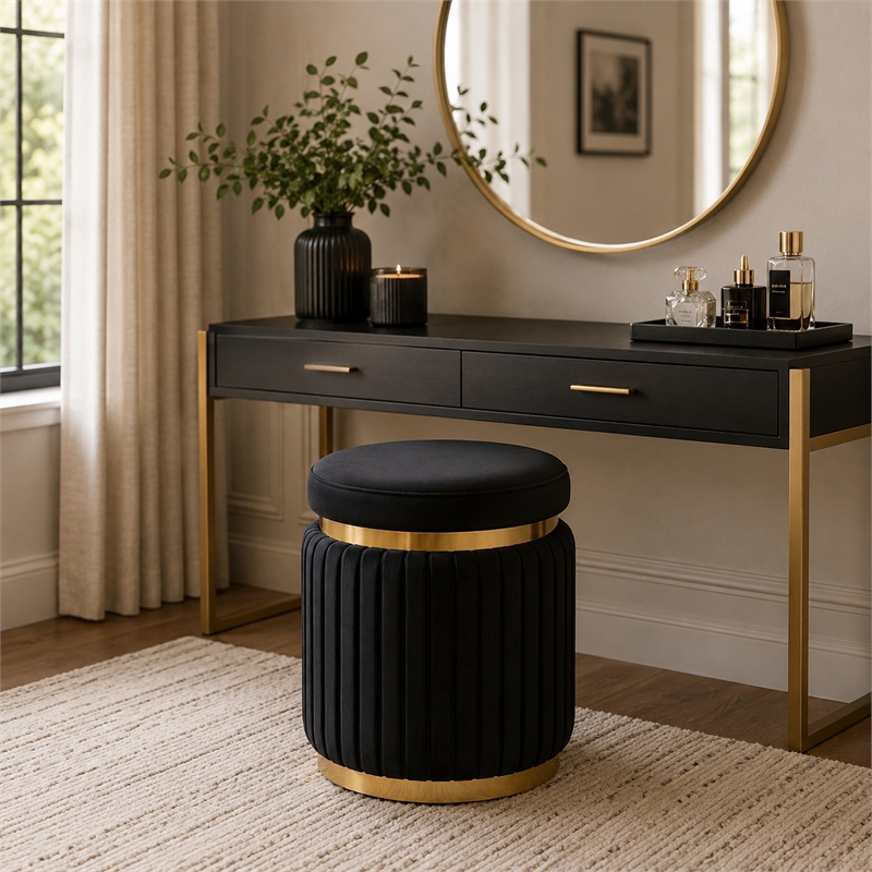 Karie Ottoman Stool- Gold Trim- Vertical Channel Design- Black Fabric