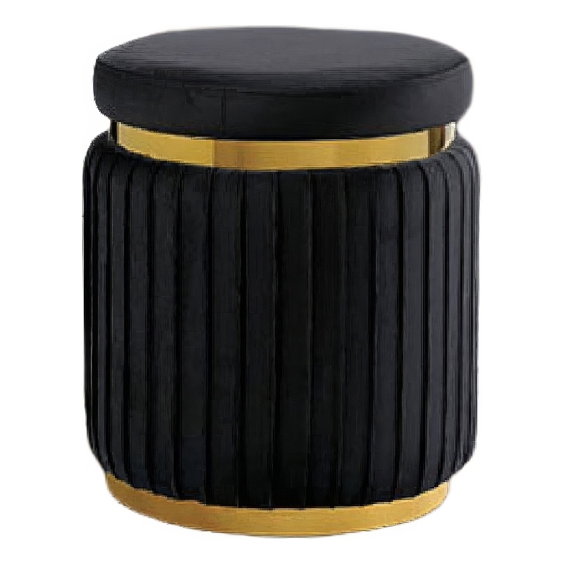 Karie Ottoman Stool- Gold Trim- Vertical Channel Design- Black Fabric
