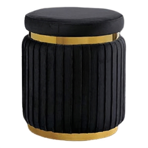 Karie Ottoman Stool- Gold Trim- Vertical Channel Design- Black Fabric