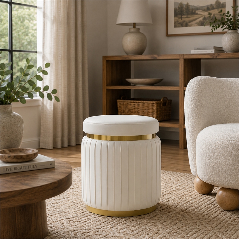 Karie Ottoman Stool- Gold Trim- Vertical Channel Design- White Fabric