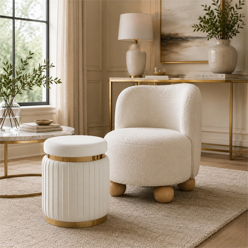 Karie Ottoman Stool- Gold Trim- Vertical Channel Design- White Fabric