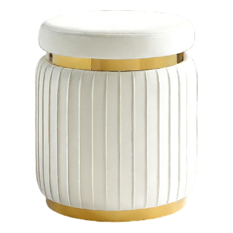 Karie Ottoman Stool- Gold Trim- Vertical Channel Design- White Fabric