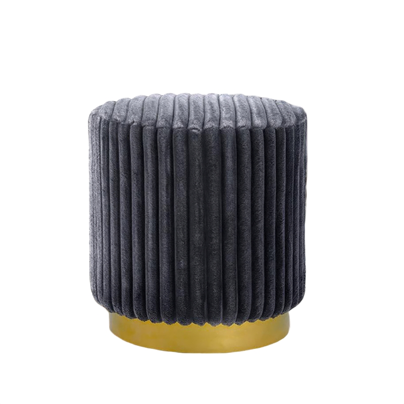 Zelda Ottoman Stool with Gold Steel Plinth Base- Gray Channeled Fabric