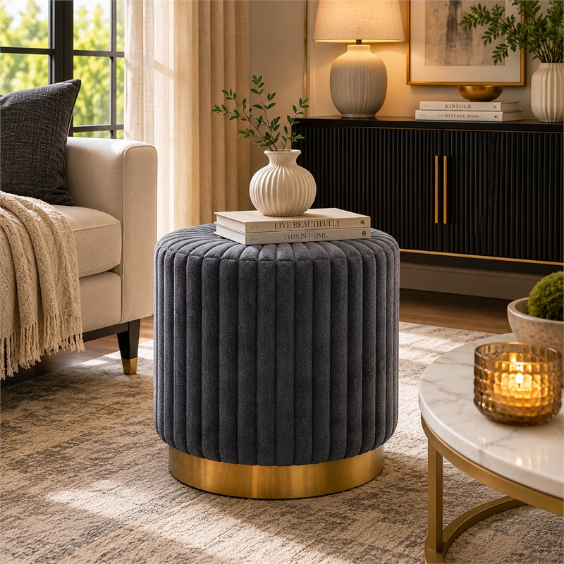 Zelda Ottoman Stool with Gold Steel Plinth Base- Gray Channeled Fabric