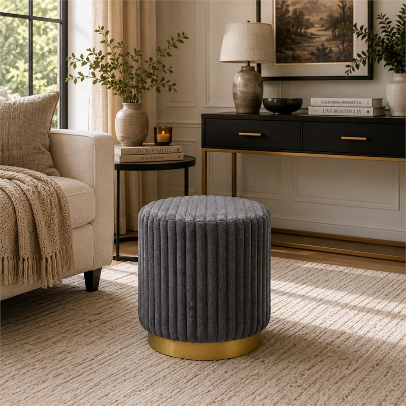 Zelda Ottoman Stool with Gold Steel Plinth Base- Gray Channeled Fabric