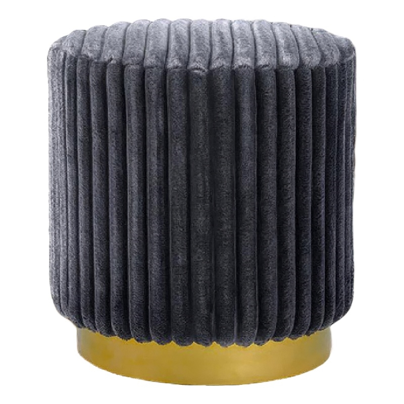Zelda Ottoman Stool with Gold Steel Plinth Base- Gray Channeled Fabric