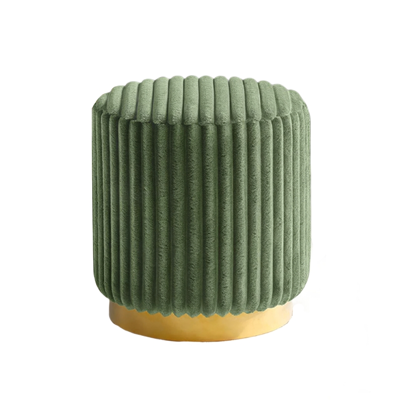 Zelda Ottoman Stool- Gold Steel Plinth Base- Green Channeled Fabric