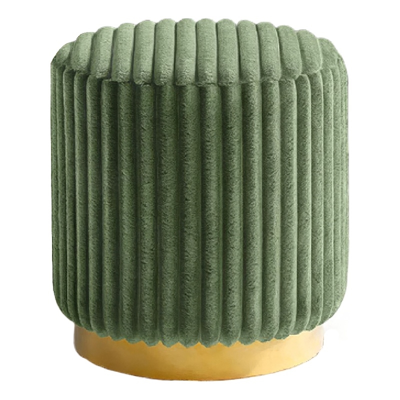 Zelda Ottoman Stool- Gold Steel Plinth Base- Green Channeled Fabric