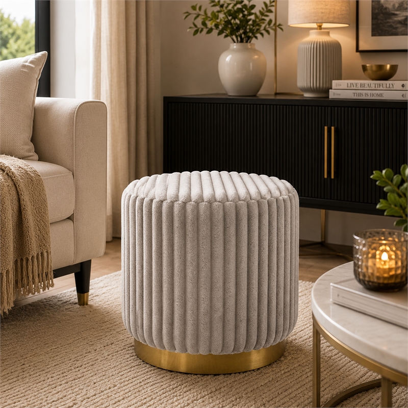 Zelda Ottoman Stool with Gold Steel Plinth Base- Gray Channeled Fabric