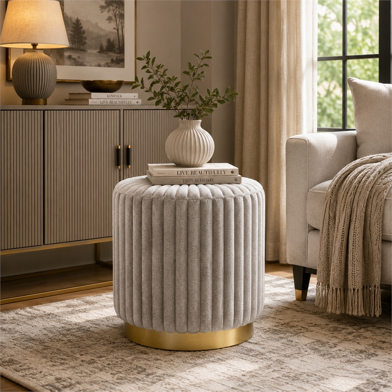 Zelda Ottoman Stool with Gold Steel Plinth Base- Gray Channeled Fabric