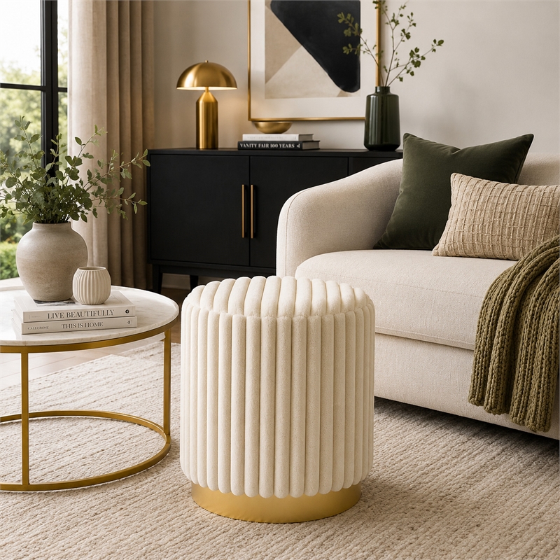 Zelda Ottoman Stool- Gold Steel Plinth Base- Beige Channeled Fabric